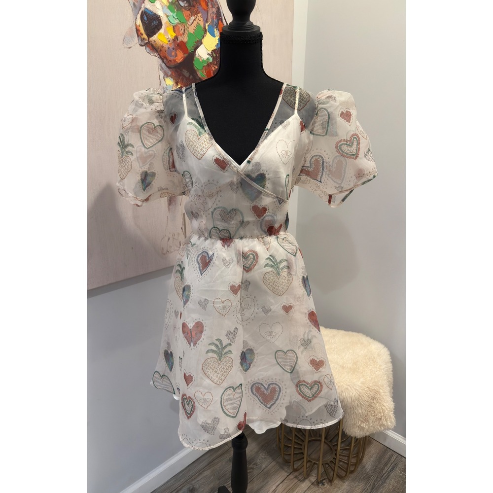 NWT Farm Rio Welcome To Rio Organza Puff Sleeve Mini Dress Large NWT